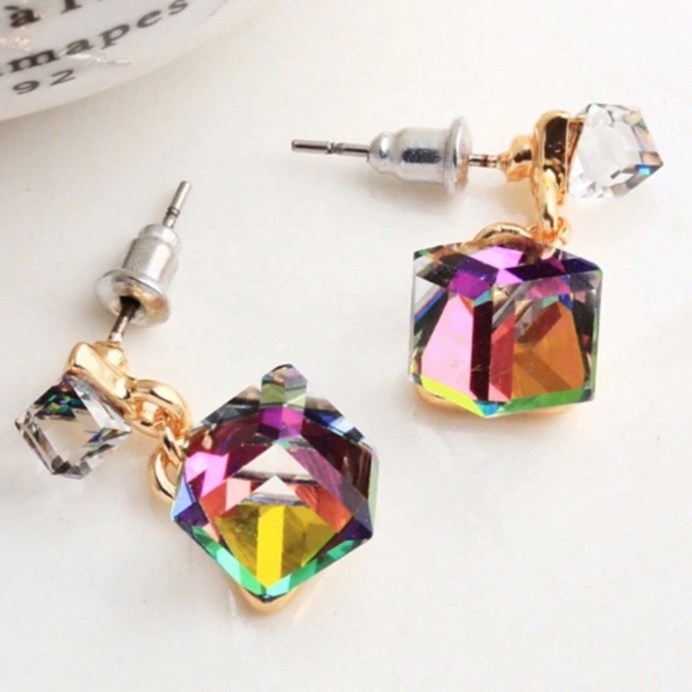 Iridescent Crystal Drop Earrings with Gold-Tone Links - Picture 5 of 8